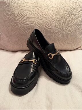H&M Black Leather Loafers with Gold Horsebit buckle